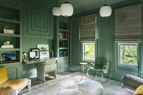 Why This Office's Sage Green Paint Color Is the Perfect Shade for Flex Spaces | domino Home Office With Sofa Bed, Office With Sofa Bed, Sage Green Office, Best Office Colors, Home Office With Sofa, Card Room Green, Sage Green Paint Color, Card Room, Top Paint Colors