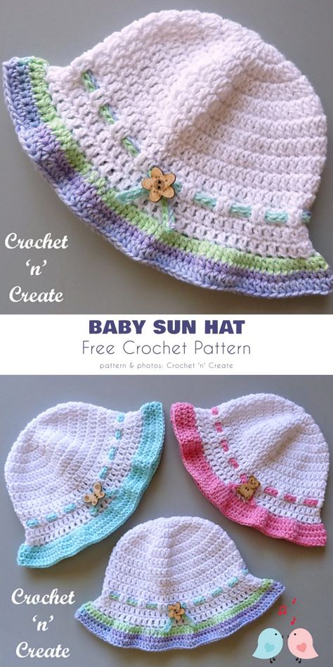 5 Girl Summer Hat Free Crochet Patterns Crochet Baby Hats Free Pattern, Crochet Baby Cap, Baby Hat Free Pattern, Baby Summer Hat, Crochet Sun, Crochet Summer Hats, Crochet Baby Hat Patterns, Crochet Sun Hat, Crochet Kids Hats