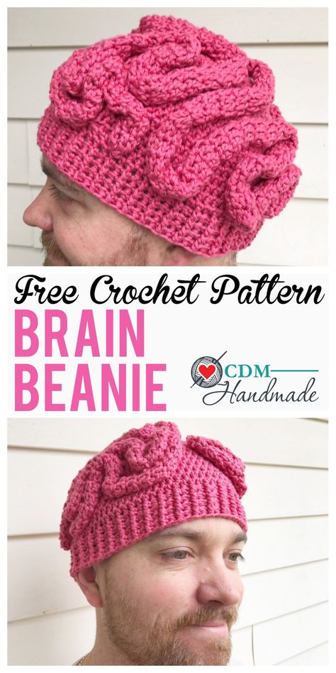 Crochet Brain Beanie - a FREE Pattern – CDM Handmade Brain Hat Crochet, Brain Beanie Crochet Pattern, Brain Crochet Pattern, Brain Beanie, Brain Hat, Crochet Wearables, Crochet Shell Stitch, Socks Funny, Crochet Humor