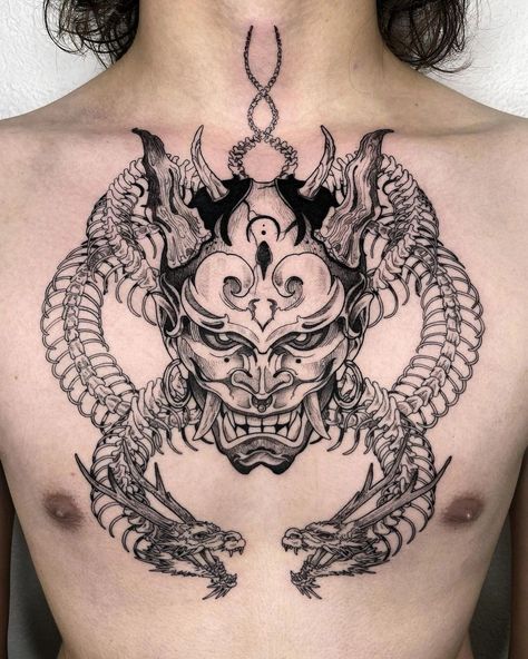 Oni Mask Chest Tattoo, Japanese Demon Tattoo, Oni Mask Tattoo, Chain Tattoo, Tattoo Chest, Oni Demon, Sea Tattoo, Demon Tattoo, Gold Tattoo