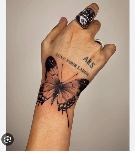 Moth Wrist Tattoos For Women, Goth Symbols, Aggrogoth Tattoo, Tattoo Papillon, Butterfly Thigh Tattoo, Borboleta Tattoo, Black Butterfly Tattoo, Butterfly Hand Tattoo, Unique Butterfly Tattoos