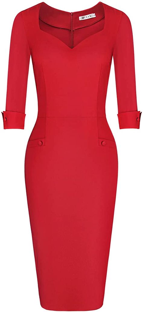 MUXXN Women's Pure Color 1950s Retro Style Party Cocktail Dress (Red XXL) at Amazon Women’s Clothing store Pencil Dress Work, Fashion 1950s Style, Pencil Dresses Work, Cocktail Dress Red, Neck Bandage, Vintage Red Dress, 1950s Retro, Party Cocktail Dress, Wear To Work Dress