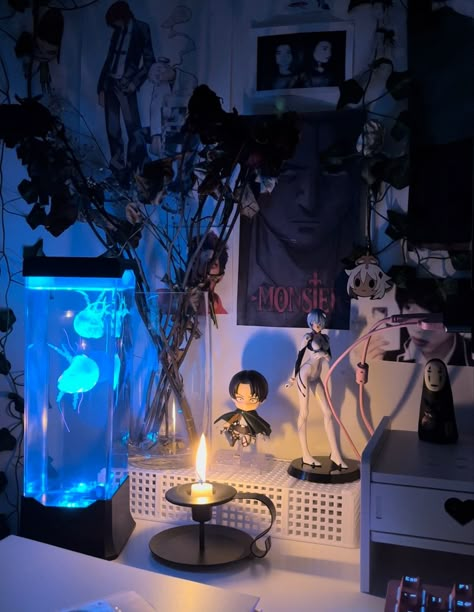 Dark Anime Room Ideas, Grunge Anime Room, Anime Room Ideas, Jellyfish Lava Lamp, Jellyfish Tank, Lamps For Bedroom, Gamer Room Decor, Room Redesign, Bedroom Office Decor