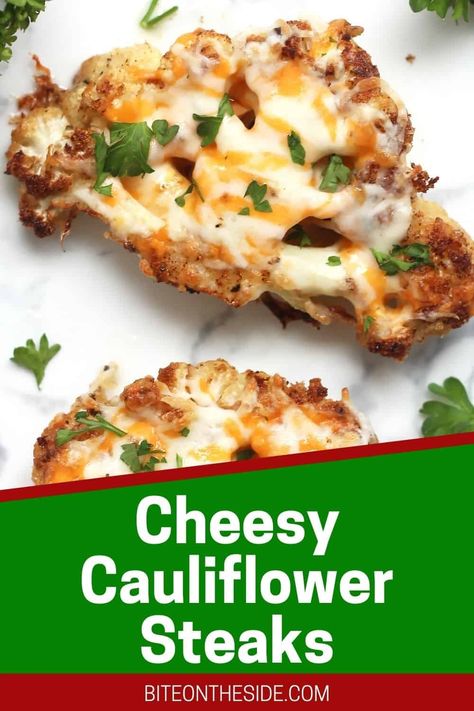 Find cauliflower bland and boring? You have to try these cheesy roasted cauliflower steaks! Super simple to prep, they are a welcome addition to any plate. Perfectly crispy and made with parmesan and cheddar, this is one cauliflower dish you are guaranteed to love! Low carb, keto and gluten-free. Cheesy Roasted Cauliflower, Cauliflower Steaks Recipes, Low Carb Side, Roasted Cauliflower Steaks, Oven Roasted Cauliflower, Roasted Cauliflower Recipes, Keto Side, Cauliflower Dishes, Meatless Recipes