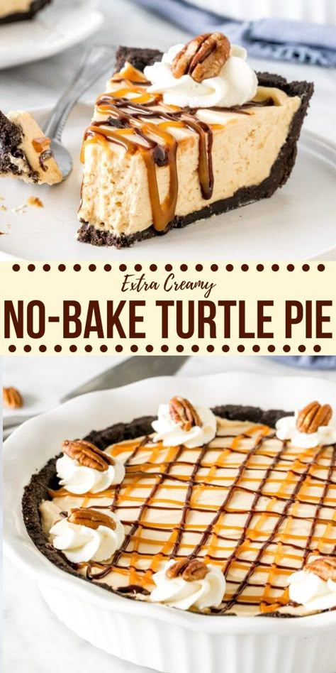 Turtle Pie Recipe, Turtle Pie, Caramel Pecans, Turtle Recipe, Turtle Cheesecake Recipes, Creamy Pie, Baked Caramel, Caramel Filling, Oreo Cookie Crust