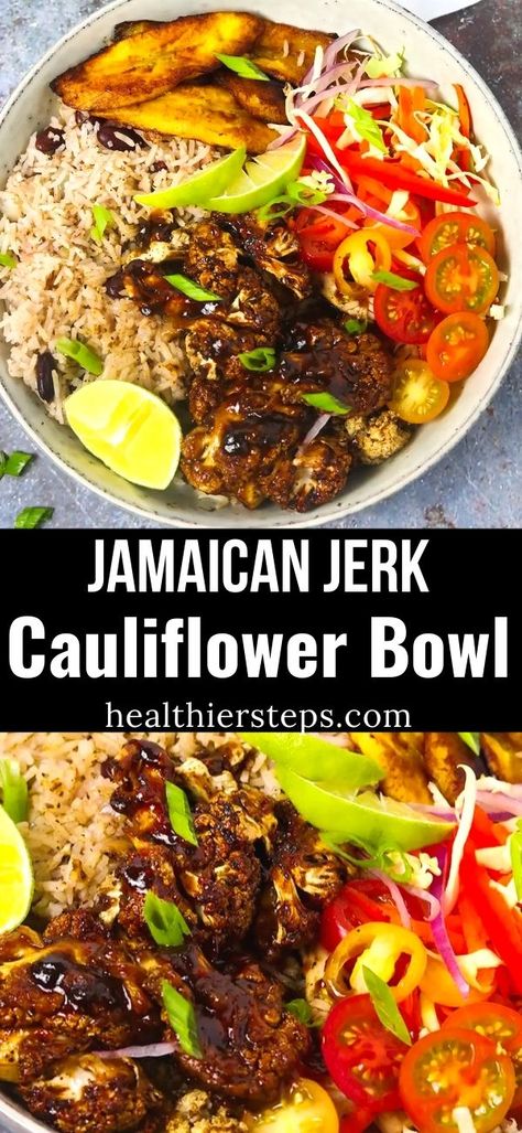 Jerk Cauliflower, Cauliflower Bowl, Jamaican Rice And Peas, Cauliflower Baked, Baked Plantains, Jamaican Rice, Vegan Soul Food, Shredded Cabbage, Jamaican Dishes