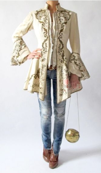 One Vintage. rococo / baroque jacket, wear with tight cream or gold midi pencil skirt and tall pumps. NOT jeans