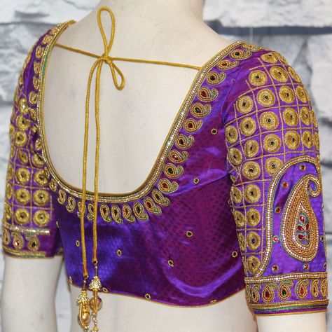 Violet Colour Blouse Aari Work Designs Violet Colour Blouse, Vanki Design Blouse, Blouse Aari Work Designs, Silk Embroidery Blouse, Aari Work Designs, Blouse Aari Work, Embroidery Jewellery, Brocade Blouse Designs, Work Blouse Designs