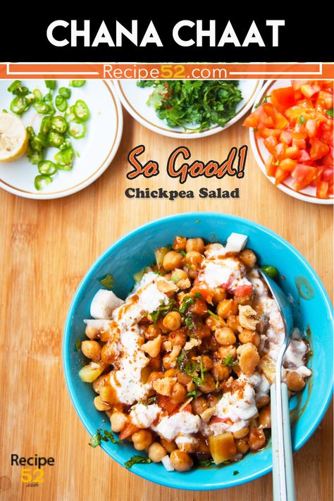 Easy, healthy, extremely versatile Pakistani street style chickpea salad, the aloo chana chaat. One snack that is filling and you can never get bored off.  #chanachaat #aloochana #chaat #indianfood #indiansnack #pakistanistreetfood #pakistanisnack #aloocholaychaat Pakistani Chickpea Salad, Chickpea Salad Indian Style, Chickpea Chaat, Chickpeas Snack, Aloo Chana, Veg Starter Recipes, Chana Chaat Recipe, Eid Recipes, Chickpea Snacks