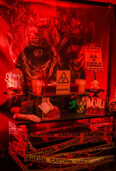 Zombie bar setupBirthday party @amy_isha_hembrow StylingCo-ordinationProps @nextevent.com.au Dessertscakegrazing table @theremustbecake Balloons @lovenwishesstyledevents Signage @veryflamingo.com.au LightingSpecial effects @prestigegroupau goldcoast gc goldcoastevents horror horrorparty styling goldcoaststyling brisbane brisbanestyling event specialevent eventplanning Horror Theme Decoration, Red Halloween Decorations, Horror Themed Birthday Party Decorations, Creepy Restaurant, Halloween Party Aesthetic Grunge, Basement Halloween Party, Horror Party Ideas, Halloween Party Table Setup, Horror Movie Birthday Party