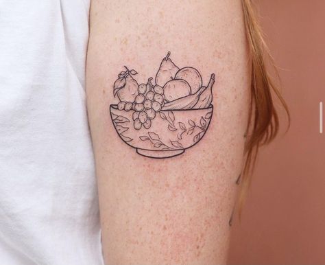 Bowl Of Fruit Tattoo, Fruity Tattoos, Fruit Bowl Tattoo, Still Life Tattoo, Matisse Tattoo, Tattoos 2024, Fruit Tattoo, London Tattoo, Dainty Tattoos