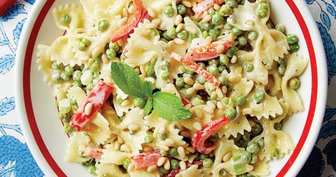 Sweet Pea & Pasta Salad | Our State Pea Pasta Salad Recipes, Pea And Pasta Salad, Pea Pasta Salad, Beautiful Salads, Pea Pasta, Blue Cheese Salad, Beautiful Salad, State Foods, Toasted Pine Nuts