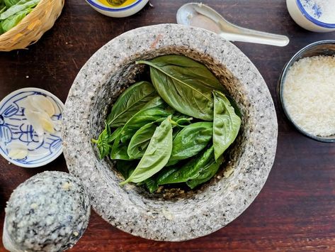 What To Make With A Mortar And Pestle, Ways To Use A Mortar And Pestle, Pestle And Mortar Recipes, Mortar And Pestle Recipes, Pesto Pasta Recipes, Mint Sauce, How To Make Pesto, Cooking Guide, Hummus Recipe