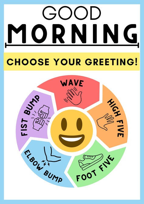 The photo shows one of the 5 poster options for students to choose a greeting for their teacher as a part of their classroom morning routine. Greeting Poster, Classroom Routines, Morning Routines, Fist Bump, At The Door, A Classroom, High Five, Morning Routine, Good Morning