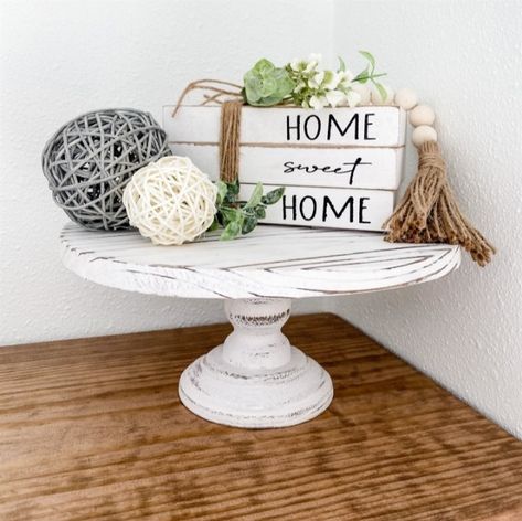 Farmhouse Cake Stand Decor, Farmhouse Cake Stand, Farmhouse Cake, Hampton Decor, White Cake Stand, Cake Stand Decor, Kitchen Countertop Decor, Wooden Cake Stands, Countertop Decor