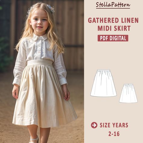 The digital sewing pattern Gathered Linen Midi Skirt With Pocket. ➡️This pattern comes with an illustrated sewing guide with step-by-step instructions, making it super easy to make your own garment. If you're looking for a beginner-friendly project that will take 2 hours to make, then this is perfect for you! ➡️ US Sizes: 2-16 YEARS ➡️ These templates are suitable for A4, A0 and US Letter size paper. ➡️ Once your payment is processed, you will automatically receive download links for your templa Sewing Kids Clothes Patterns, Linen Skirt Pattern, Kids Sewing Patterns, Kids Skirt, Sewing Guide, Linen Midi Skirt, Kids Clothes Patterns, Toddler Skirt, Midi Skirt Pattern