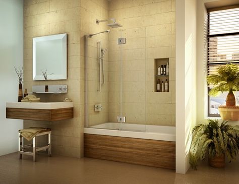 Wood Tub Apron and niche Bathtubs For Small Bathrooms, Bathtub Enclosures, Bathtub Shower Combo, Bathtub Shower Doors, Tub Enclosures, Small Bathtub, Best Bathroom Designs, Bathtub Doors, Glass Shower Enclosures