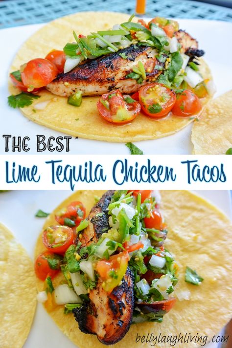 Grilled lime tequila chicken topped with fresh salsa and served on a corn tortilla Tequila Chicken, Tequila Lime Chicken, Chicken Tacos Recipe, Chicken Tacos Easy, Chicken Taco Recipes, Mexico Food, Lime Chicken, Best Chicken Recipes, Taco Recipes