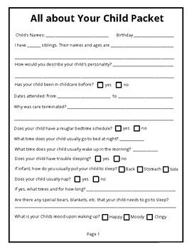 An All about Your Child Packet is the perfect way for Parents/Guardians to let you know everything there is to know about their child. Do they have any allergies, a specific diet, any restrictions, any beliefs, does the child nap at home, have a regular bedtime, how is their typical behavior? Get to know your students better while protecting your Daycare/Childcare Center & having in writing from the Parent everything their is to know about the child.Protect yourself, your Home & your Day Daycare Policy Handbook, Child Care Center Design, Daycare Printables, In Home Childcare, Daycare Lesson Plans, Daycare Organization, Daycare Business, Teaching Binder, Parent Handbook