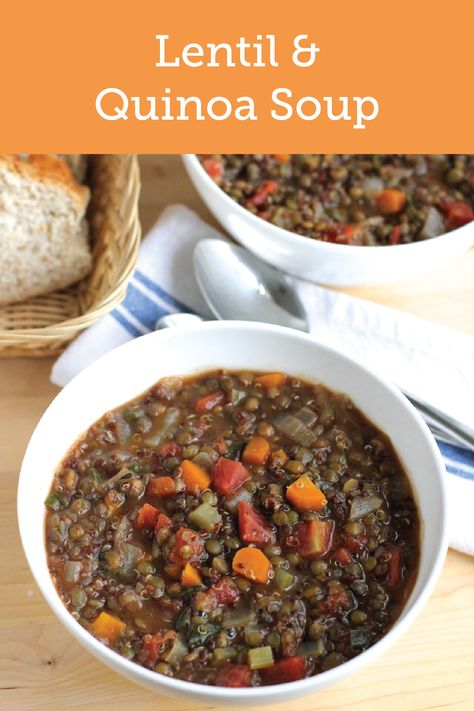 Created with enticing chunks of carrot, Swiss chard, and tomato, this Lentil and Quinoa Soup is just the vegetarian-friendly dish that’s perfect for serving on a chilly winter day! Chard Soup, Lentil Quinoa, Valley Kitchen, Lentils And Quinoa, Quinoa Soup, French Lentils, Vegan Soups, Swiss Chard, Green Valley