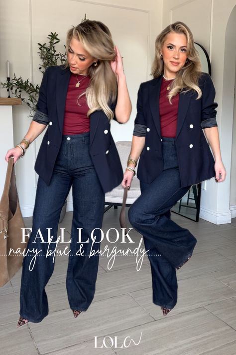 Heidi Wide Leg Jeans curated on LTK Burgundy Top And Jeans Outfit, Navy Blue And Burgundy Outfit, Wide Jeans Winter Outfit, Burgundy Top Outfit, Blue Vest Outfit, Navy Blue Blazer Outfit, 60 Degree Weather Outfit, Jeans Blazer Outfit, Blue Blazer Outfit