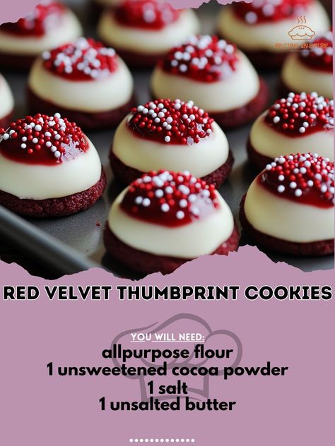 🍫🍪 Indulge in these decadent Red Velvet Thumbprint Cookies - the perfect treat to satisfy your sweet tooth! 🎉 Red Velvet Thumbprint Cookies Ingredients: - 1 cup all-purpose flour - 1/4 cup unsweetened cocoa powder - 1/4 tsp salt - 1/2 cup unsalted butter, softened - 2/3 cup granulated sugar - 1 large egg yolk - 1 tbsp buttermilk - 1 tsp vanilla extract - Red food coloring - 1/2 cup white chocolate chips - Sprinkles for decoration Instructions: 1. Preheat oven to 350°F. Line a baking sheet ... Unsweetened Cocoa Powder, Cream Cheese Cookies, Thumbprint Cookies, Red Food Coloring, Cream Cheese Filling, Red Food, Cookies Ingredients, White Chocolate Chips, Unsweetened Cocoa