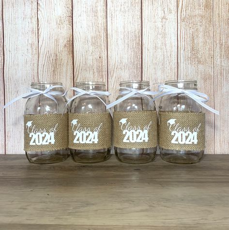 Mason Jar Centerpieces For Graduation, Grad Table Decor, Grad Party Table Decor, Grad Party Table, Graduation Mason Jars, Mason Jar Sleeve, Simple Table Decor, Grad Table, Graduation Centerpieces