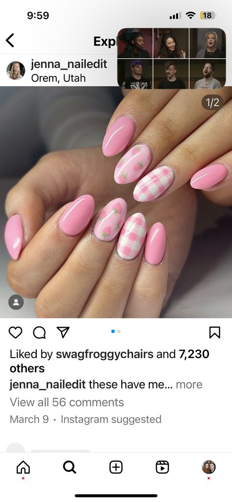 Pink Nails With Checkered, January/february Nail Ideas, February To March Nails, Short Almond Nails February, Plaid Pink Nails, Pink Plaid Nail Designs, Pink Blue And White Nails, Pink Stripe Nails, Pink Baby Shower Nail Ideas