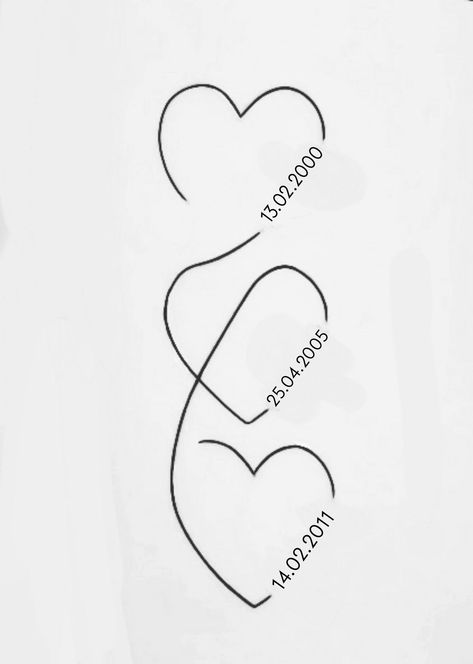 3 Hearts With Dates Tattoo, Heart Names Tattoo, 3 Connected Hearts Tattoo, Heart With Dates Tattoo, Hearts With Dates Tattoo, Heart Tattoo For Kids, Mom Tattoo Designs Simple, Connected Hearts Tattoo, Heart With Date Tattoo