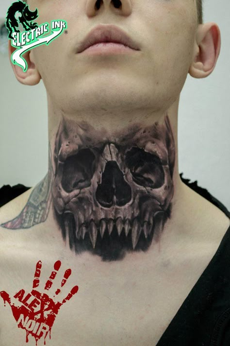 Scary Neck Tattoos, Front Neck Tattoo Design, Skull Neck Tattoo For Men, Unique Throat Tattoos, Neck Skull Tattoo, Neck Cover Up Tattoos Men, Skull Throat Tattoo, Throat Tattoos For Men, Skull Neck Tattoo