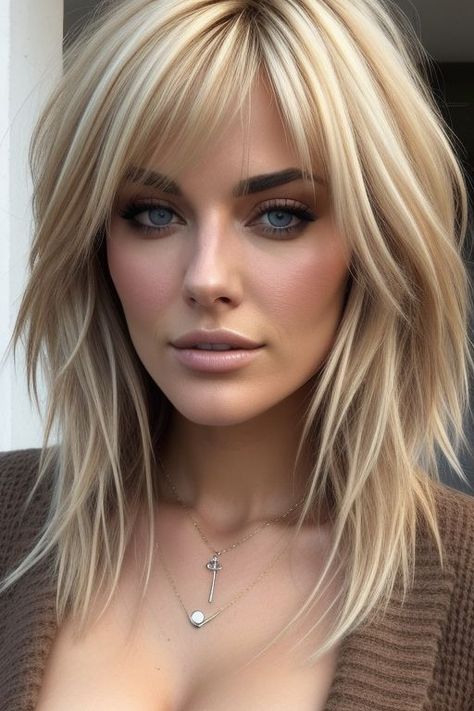 Modern Spiral Perm, Medium Shag Blonde Hair, The Shag Haircut Long, Icy Blonde Shag, Short Layered Haircuts Medium Length, Trendy Womens Haircuts 2025, Blonde Hair Highlights Ideas For Blondes, Layered Fringe Bangs, Blonde Side Bangs Long Hair