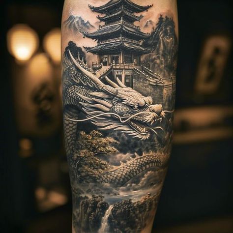 Unique Dragon Tattoo, Dragon Tattoo Leg, Samurai Tattoo Sleeve, Jungle Tattoo, Asian Dragon Tattoo, Dragon Tattoo Ideas, Symmetrical Tattoo, Tattoo Japanese Style, Realistic Tattoo Sleeve