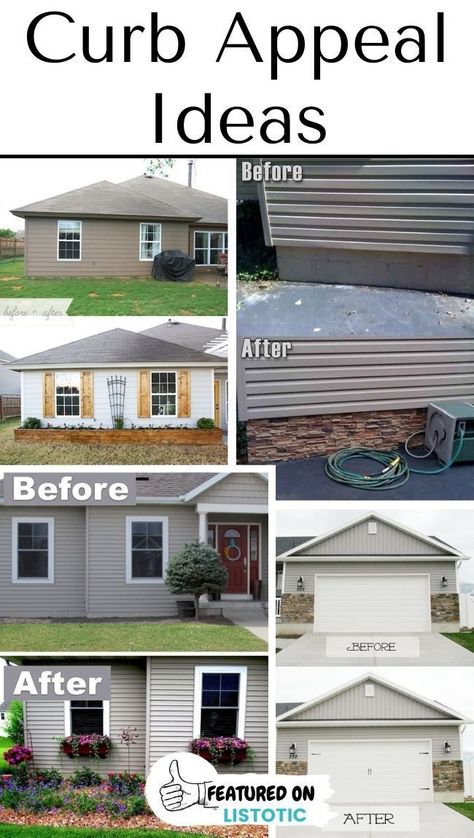 Before And After Porch Remodel, Change Siding On House, Siding To Brick Before And After, Plain Front House Makeover, Curb Appeal On A Budget Before And After, Improve Front Of House, How To Make A Plain House Exterior Look Better, Outdoor Home Upgrades, House Without Shutters Before And After