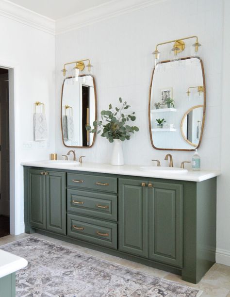 Master Bathroom Refresh | Centsational Style Green Cabinets Bathroom, Bathroom Cabinet Colors, Green Bathroom Vanity, Painting Bathroom Cabinets, Green Vanity, Painted Bathroom, Cabinets Bathroom, Floor Remodel, Green Paint Colors