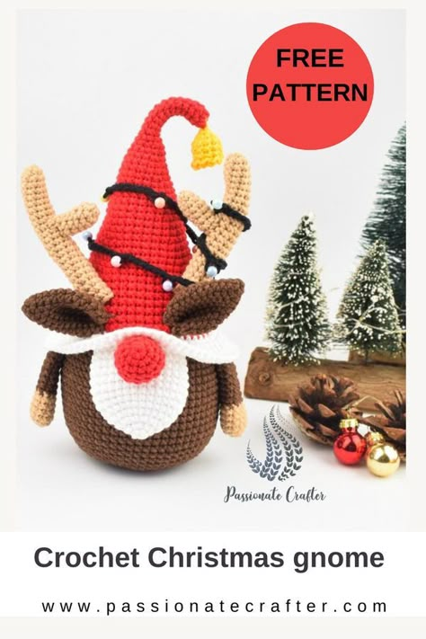 Passionatecrafter- free crochet patterns | New free pattern alert | Facebook Reindeer Gnome Crochet, Santa Gnome Crochet Pattern, Crochet Gnomes Free Pattern Easy, Crochet Christmas Gnome, Crochet Gnomes Pattern, Crochet Gnomes Pattern Free, Crocheted Gnomes, Reindeer Gnome, Crochet Reindeer