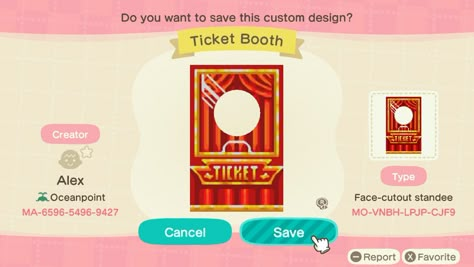 Animal Crossing Ticket Booth Design, Animal Crossing Ticket Booth, Circus Animal Crossing, Acnh Circus Design, Acnh Carnival Design Codes, Acnh Ticket Booth, Acnh Carnival Path, Acnh Carnival Design, Acnh Circus