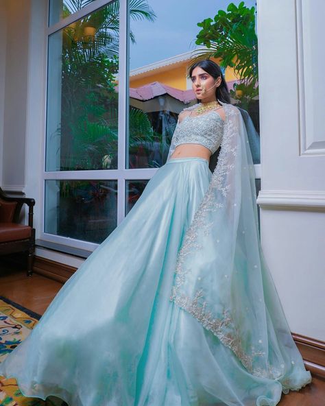 Lehnga For Grooms Sister, Sky Blue Lehenga, India Traditional Dress, Gaur Nitai, Dupatta Designs, Lehenga Pattern, Desi Dress, Lehenga Design, Simple Lehenga