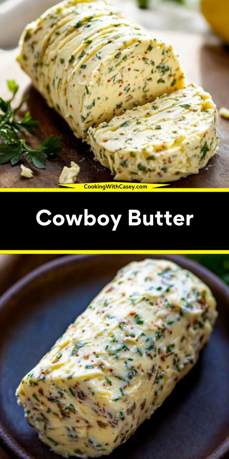 Cowboy Butter is a zesty, herby butter that’s perfect as a dipping sauce or spread! Made with garlic, Dijon mustard, fresh herbs, and a hint of spice, this flavorful butter enhances steak, seafood, veggies, and more. Serve melted or as a compound butter log!  Key Ingredients: ½ cup unsalted butter, softened 1 tbsp Dijon mustard 1 tbsp fresh chives, chopped 2 tsp minced garlic A bold, buttery sauce bursting with savory, tangy, and spicy flavors—perfect for grilling, dipping, or spreading! Cowboy Butter Recipe, Cowboy Butter, Condiments Recipes, Infused Butter, Onion Sauce, Garlic Seasoning, Condiment Recipes, Compound Butter, Homemade Seasonings