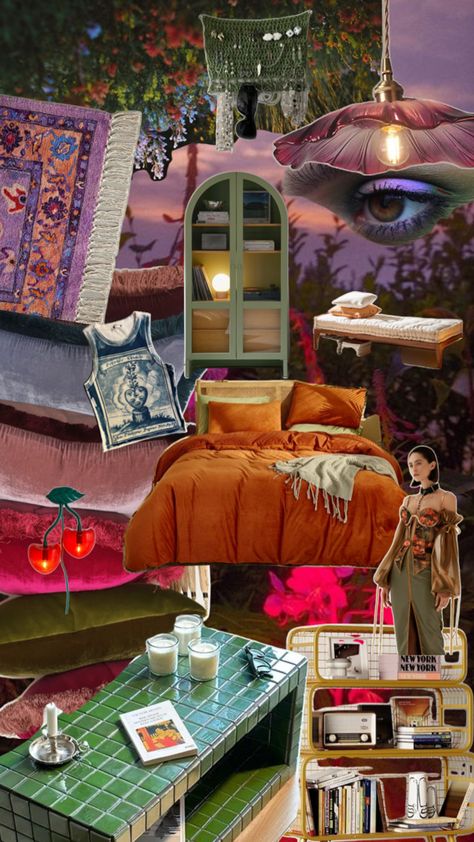 Bedroom mood board Cozy Maximalism Bedroom, Maximalism Bedroom, Witch Bedroom, Witch Bedrooms, Bedroom Mood Board, Pinterest Contest, Future Apartment, Illustration Sketches, Aesthetic Room