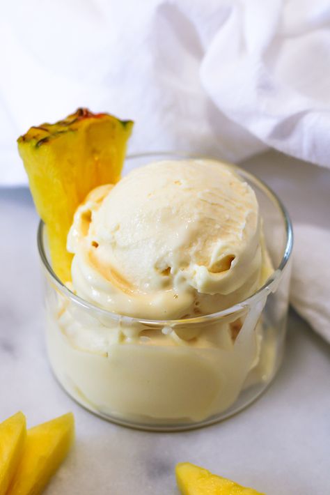 Ninja Creami Dole Whip (High Protein!) - Nutrition to Fit | Lindsey Janeiro - No Fuss, Healthy Recipes! Pineapple Ice Cream Recipe, Ice Cream Maker Recipes Healthy, Pineapple Soft Serve, Protein Ice Cream Recipe, Dole Whip Recipe, Pineapple Ice Cream, Pineapple Whip, Low Carb Pancakes, Sugar Free Pudding