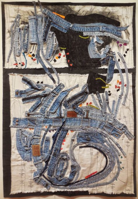 Sally Dutko "Blue Collar City" Maps Textiles, Textile Map, Denim Artwork, Map Quilts, Denim Quilts, Map Quilt, Textiles Sketchbook, Imaginary Maps, Denim Art