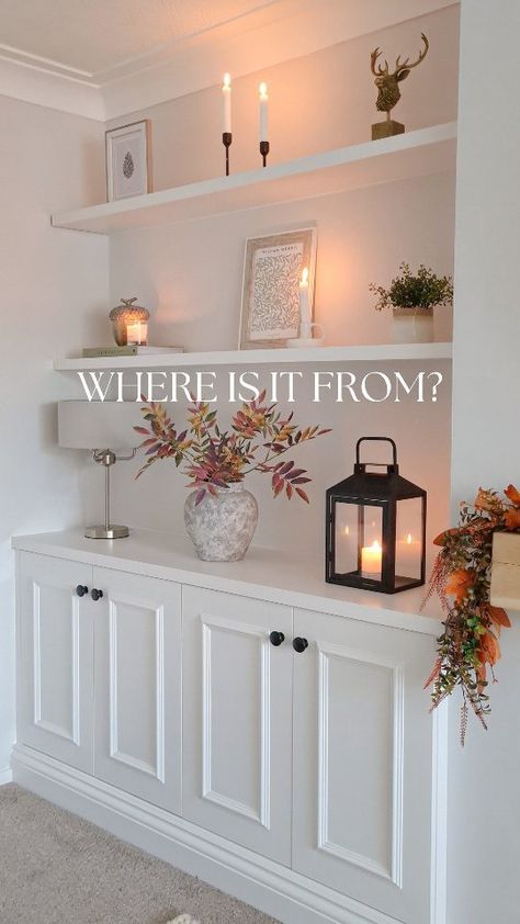 WHERE IS IT FROM? This is by far my most asked question about the living room. You can find all the details below. Don't forget to save… | Instagram Modern White Hutch, Lounge Cabinet Ideas, Fireplace Vases Decor, Alcove Bedroom Ideas, Lounge Lighting Ideas, Living Room Built Ins Decor, Cabinets In Living Room, Living Room Built Ins With Fireplace, Lamp Ideas For Living Room