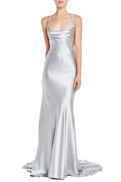 Monique Lhuillier / Crepe Satin Bias Gown Silver Satin Dress, Anastasia Grey, Prom Dress Inspo, Silver Gown, Hallowen Costume, Long Slip Dress, Satin Dress Long, Prom Dress Inspiration, Satin Prom Dress