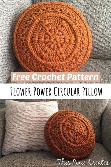 Rust Coloured Circular Crochet Pillow with a Flower Center Vintage Crochet Pillow Patterns, Round Cushion Crochet Pattern, Crochet Pillow Designs, Crochet Patterns Modern, Crochet Circular Pillow, Crochet Projects With Brown Yarn, Vintage Crochet Projects, Crochet Pillows Free Patterns Flower, Crochet Circle Pillow Pattern