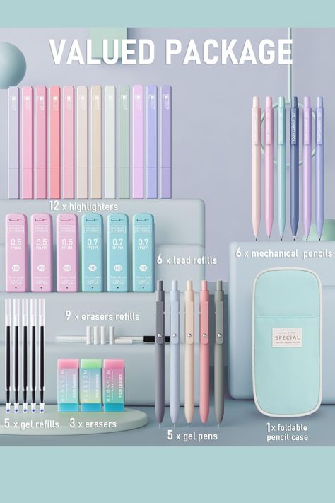 Aesthetic School Supplies with Cute Pen Case Highschool School Supplies List, Cute School Supplies For Highschool, Cute School Stuff, Aesthetic School Stuff, Highlighters School, Cute School Outfits For Middle School, College Essentials Supplies, Japanese School Supplies, Highschool School