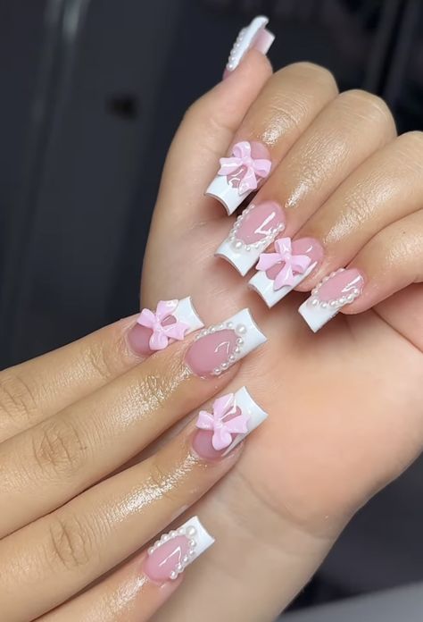 ₊˚ෆ Follow me for more 𐙚 visit my boards ₊˚ෆ Nails Acrylic Pink And White French Tip, Nails For December Holidays, Pastel Hello Kitty Nails, Cute Medium Nails Ideas, Long Pink Birthday Nails, Birthday Nail Set Ideas December, Trendy Nail Ideas Acrylic, Nail Ideas For December, French Tips With Charms