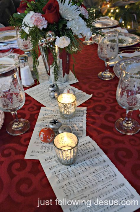 Just following Jesus in my real life...: Christmas tablescape 2012... Music Centerpieces, Church Christmas Party, Christmas Banquet, Christmas Luncheon, 3 Daughters, Ward Christmas Party, Banquet Ideas, Music Christmas, Banquet Decorations