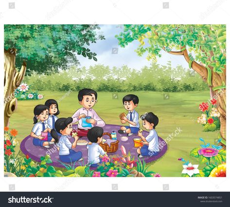 School Picnic Drawing, Picnic Illustration Drawings, Picnic Drawing, Picnic Images, Village Scene Drawing, Salad Decoration, Happy Raksha Bandhan Images, Village Drawing, Memory Drawing