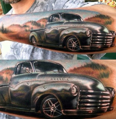 60 Truck Tattoos For Men - Vintage and Big Rig Ink Design Ideas Chevy Tattoo, Hot Rod Tattoo, Truck Tattoo, See Tattoo, Map Tattoos, Fusion Ink, Omerta Tattoo, Car Tattoos, Realism Tattoo