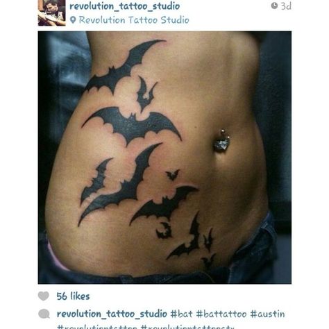 Bat tattoo on stomach Tats ❤ liked on Polyvore featuring accessories, body art and tattoos Bats Tattoo Design, Emo Tattoos, Bat Tattoo, 4 Tattoo, Spooky Tattoos, Geniale Tattoos, Halloween Tattoo, Stomach Tattoos, Halloween Tattoos